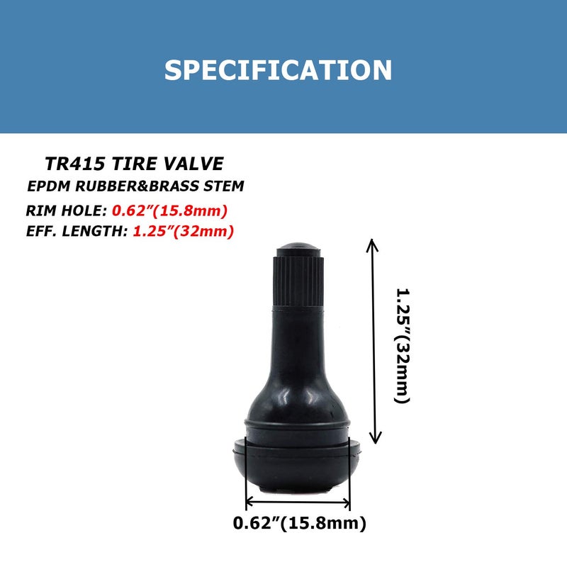 EZISOE 50Pcs TR415 Snap-in Tire Valve Stem CA65 Copper insert Standard Length, Black Rubber Tire Valve Stem for most cars, light trucks, small trailers, wheelbarrows, lawn mowers, ATVs, and motorcycles - Image 5